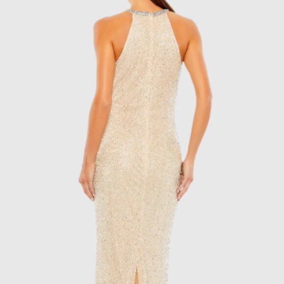 MAC DUGGAL 93742 BEADED HIGH NECK COLUMN NUDE SILVER GOWN sz 12 - Picture 5 of 6